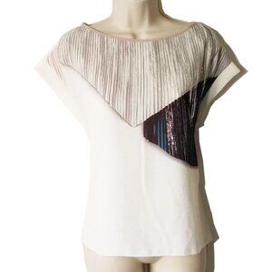 NWT Zara Metallic Accent Top S White Silver Blue  50off3